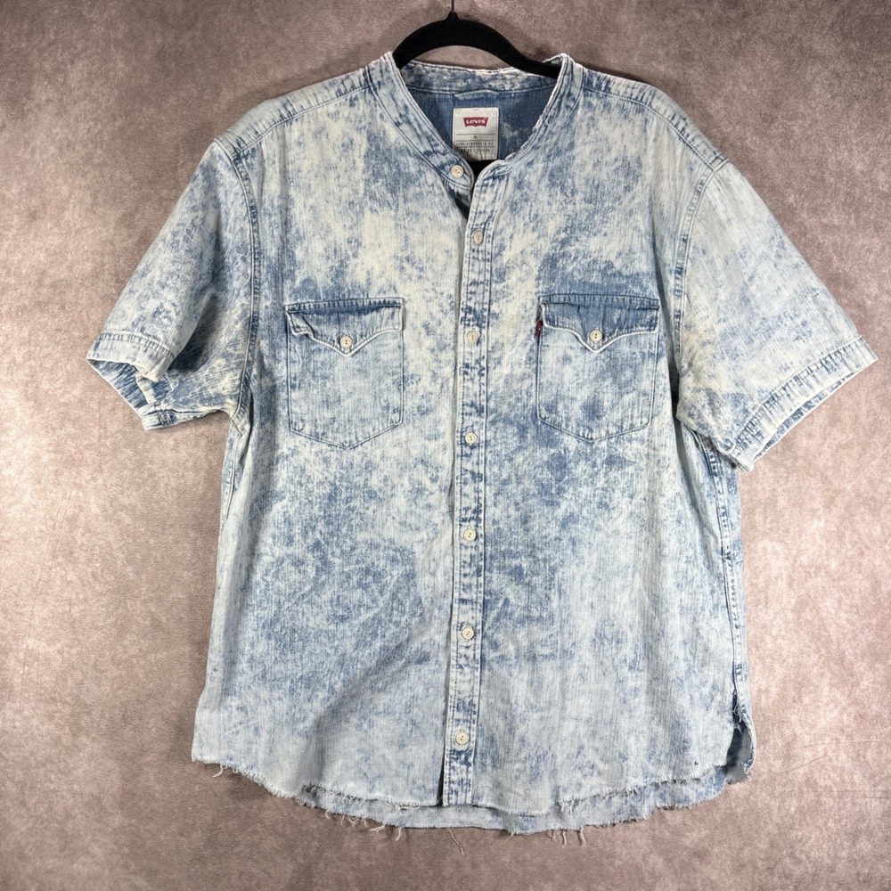 Levi's Denim Shirt Mens XL Blue Acid Wash Western Band Collar Raw Hem Cowboy